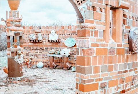 A variety of ceramics outside at the Archie Bray Foundation.